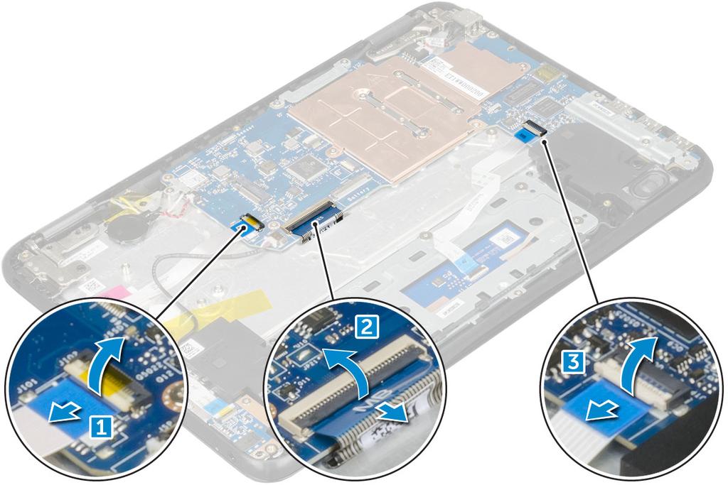 3 Przyklej taśmę mocującą kabel głośnikowy do komputera. 4 Podłącz kabel głośników do płyty systemowej.