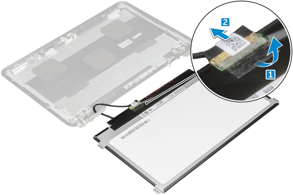 4 Aby wymontować panel wyświetlacza, wykonaj następujące czynności: a Odklej taśmę samoprzylepną [1]. b Odłącz kabel wyświetlacza od złącza w panelu wyświetlacza [2].