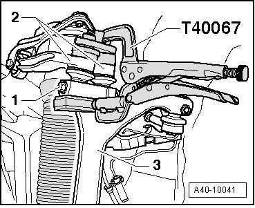 Page 6 of 6 Włożyć oba czopy przegubów górnych wahaczy -2- w obudowę łożyska koła - 3- i napiąć kleszczami napinającymi - T40067- na ile to możliwe w dół.