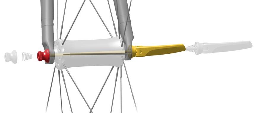 5 4 6 Insert the quick release axle through the non-drive side of the hub. With the lever in line with the axle, push and hold the lever cam against the non-drive side dropout.