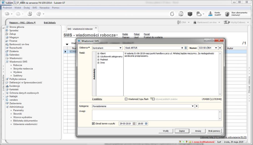 Wszystkie programy (Sub GT, Rach GT, Rew GT, Grat GT, Gest GT) Wysyłka SMS-ów We wszystkich programach systemu InsERT GT dodano możliwość wysyłania SMS-ów.