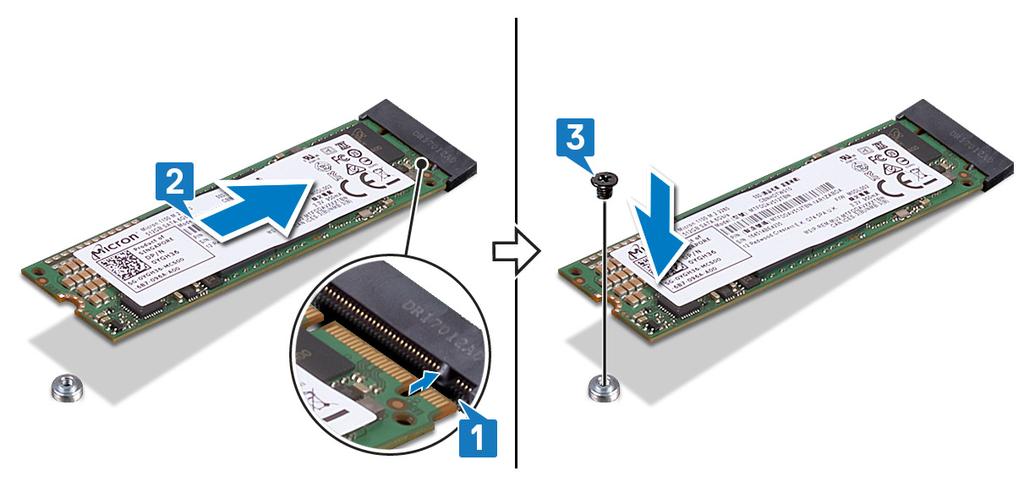 3 Dociśnij drugi koniec dysku SSD/pamięci Intel Optane i wkręć śrubę (M2x3) mocującą dysk