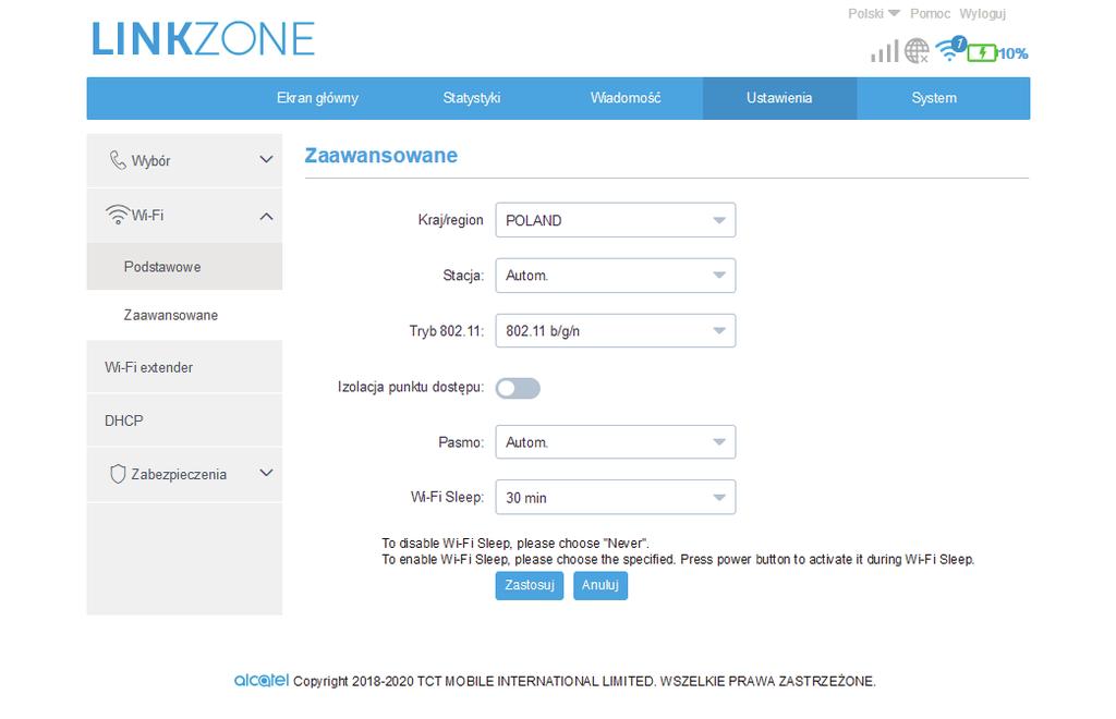 Hasło Wi-Fi: Tutaj możesz sprawdzić swój klucz Wi-Fi. Zaawansowane Kraj/region: Tutaj możesz wybrać kraj/region.