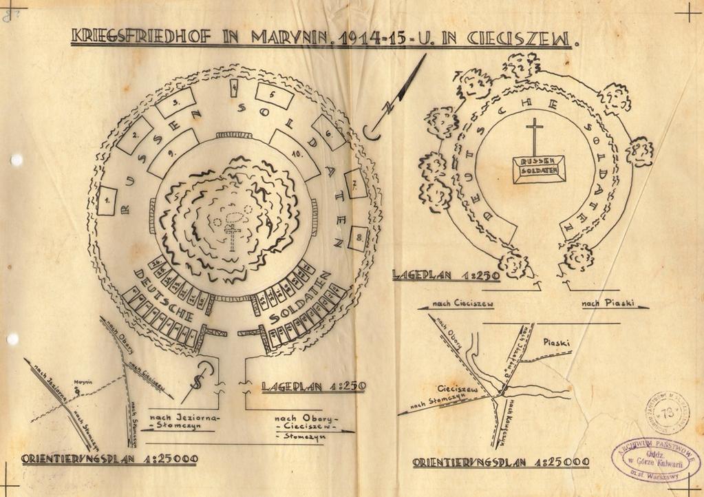 Fragment planu cmentarza w Maryninie przesłanego w roku 1942 przez komendanturę wojskową w Wawrze do ówczesnej gminy Jeziorna.