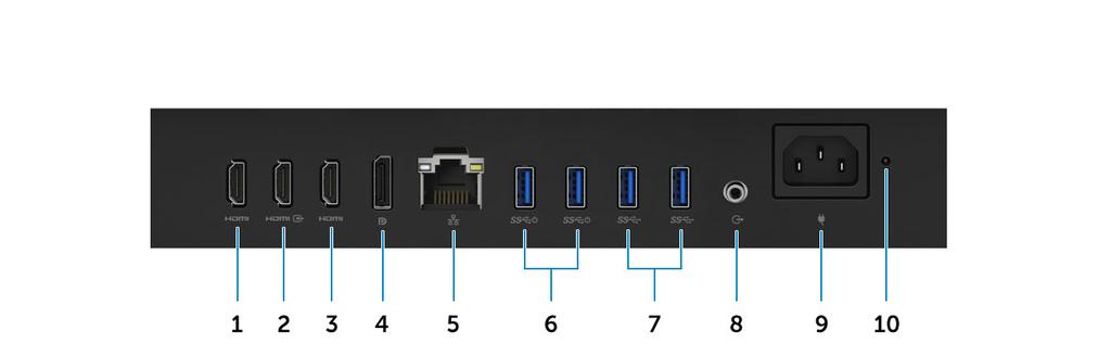 wyjściowe HDMI (modele ze zintegrowaną kartą graficzną) 2 Gniazdo HDMI-in (opcjonalne) 4 Złącze DisplayPort 5 Port sieciowy 6 Porty USB