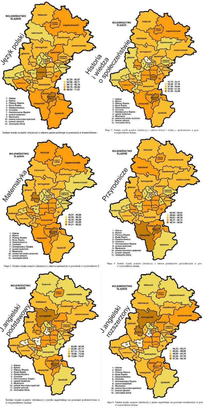 W celu uporządkowania średnich uczniów wyników (słuchaczy) z egzaminów zastosowano na wizualizacji wyników na mapie pięciostopniową skalę znormalizowaną średnie wyniki uczniów (słuchaczy) w powiatach