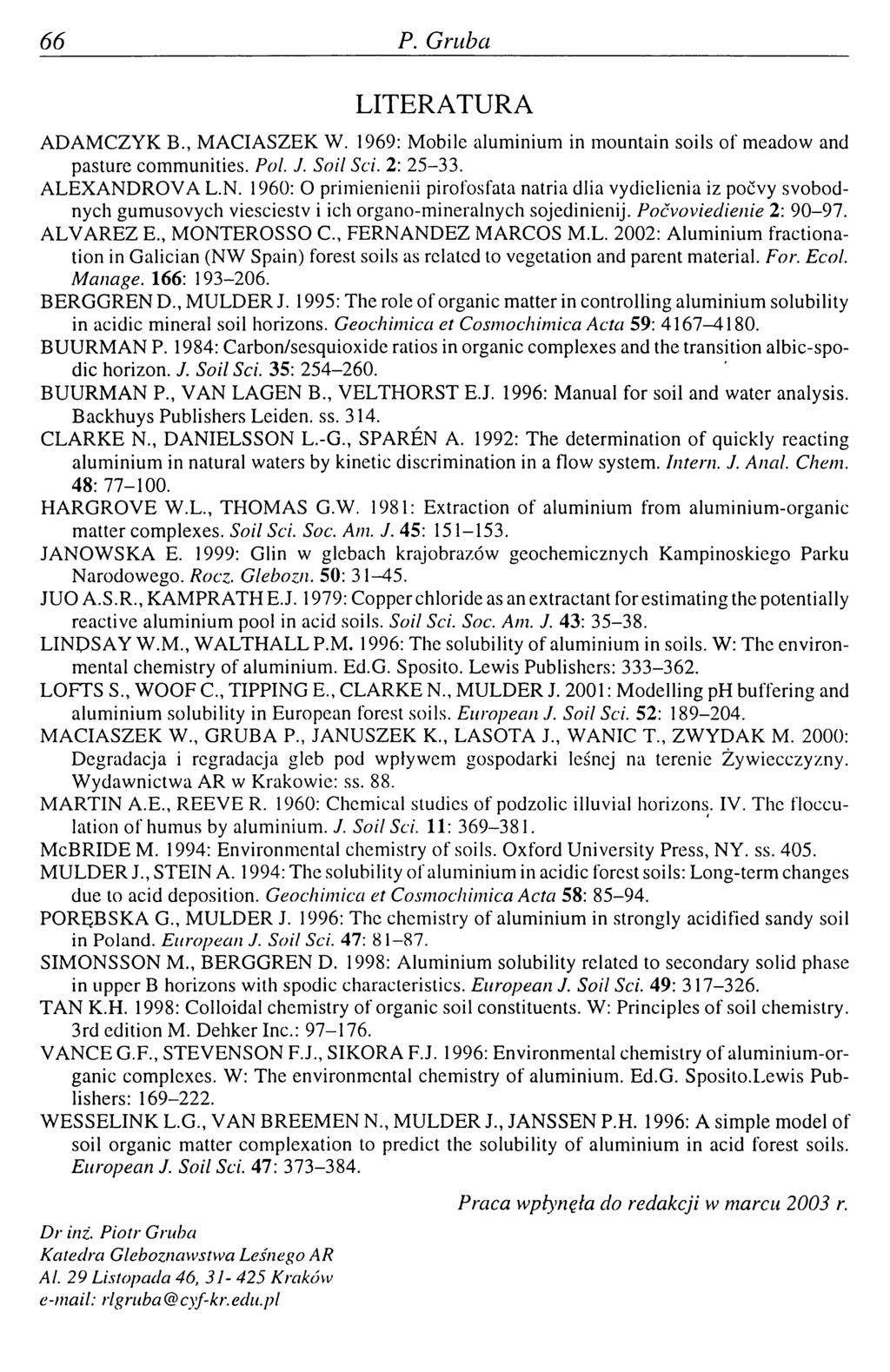 66 P. Gruba LITERATURA ADAM CZY K В., M A CIASZEK W. 1969: M obile aluminium in mountain soils of meadow and pasture comm unities. Pol. J. Soil Sei. 2: 25-33. A LEX A N 