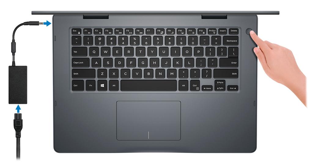 Skonfiguruj komputer Inspiron 5481 1 1 Podłącz zasilacz i naciśnij przycisk zasilania. UWAGA: W celu zmniejszenia zużycia elektryczności akumulator może przejść w tryb oszczędzania energii.