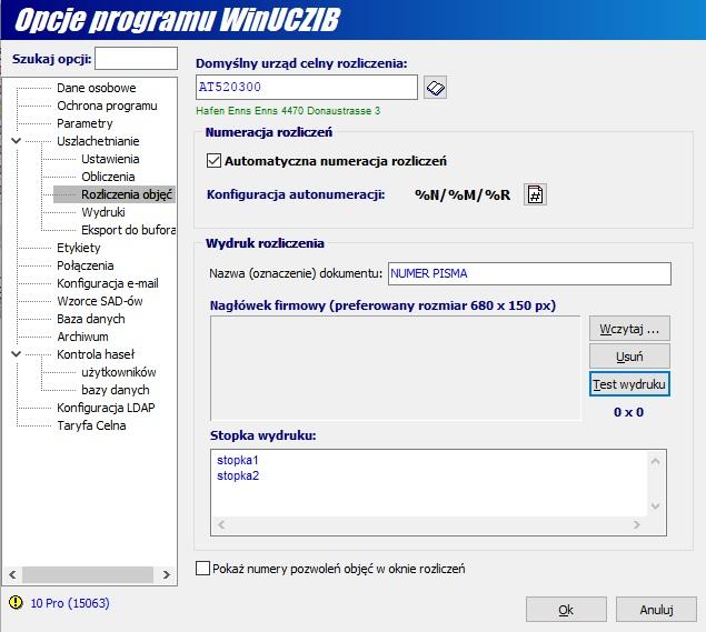 3. Opcje rozliczeń automatyczna numeracja rozliczeń Opcje programu Uszlachetnianie Rozliczenia objęć. Rys.2. Opcje rozliczeń w WinUcz v. 18.40.