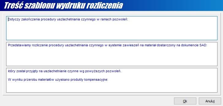 Zaznaczenie opcji Zmiana treści szablonu (tylko dla bieżącego wydruku) spowoduje wyświetlenie dodatkowego okna, w którym można zmienić standardową treść wydruku (rys.5). Rys.5. Okno zmiany treści wydruku.