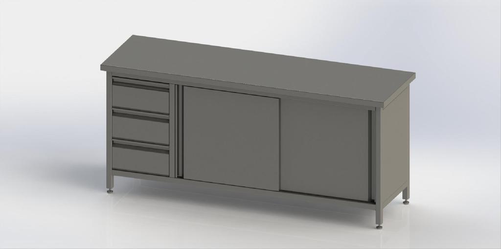 Stół roboczy z blatem centralnym, szufladami i drzwiami przesuwnymi, SRCSD. Wymiar profili: 40x40. Wysokość stanowiska pracy 850 mm. Połka dolna wzmocniona.