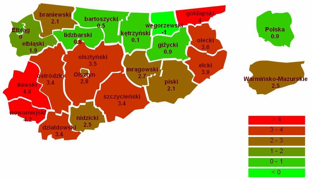 Rycina nr 12 Współczynnik przyrostu naturalnego w powiatach województwa w 28 r. Źródło: zdrowiepolakow.pl na podstawie danych Głównego Urzędu Statystycznego.