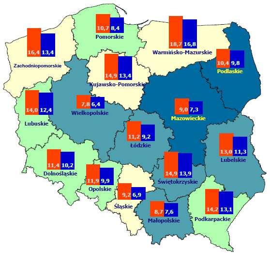 lokata, przed kujawskopomorskim (9,5%), dolnośląskim (1,8%) i zachodniopomorskim (12,2%). Poziom bezrobocia rejestrowanego 9 i mierzony metodą BAEL róŝnią się.