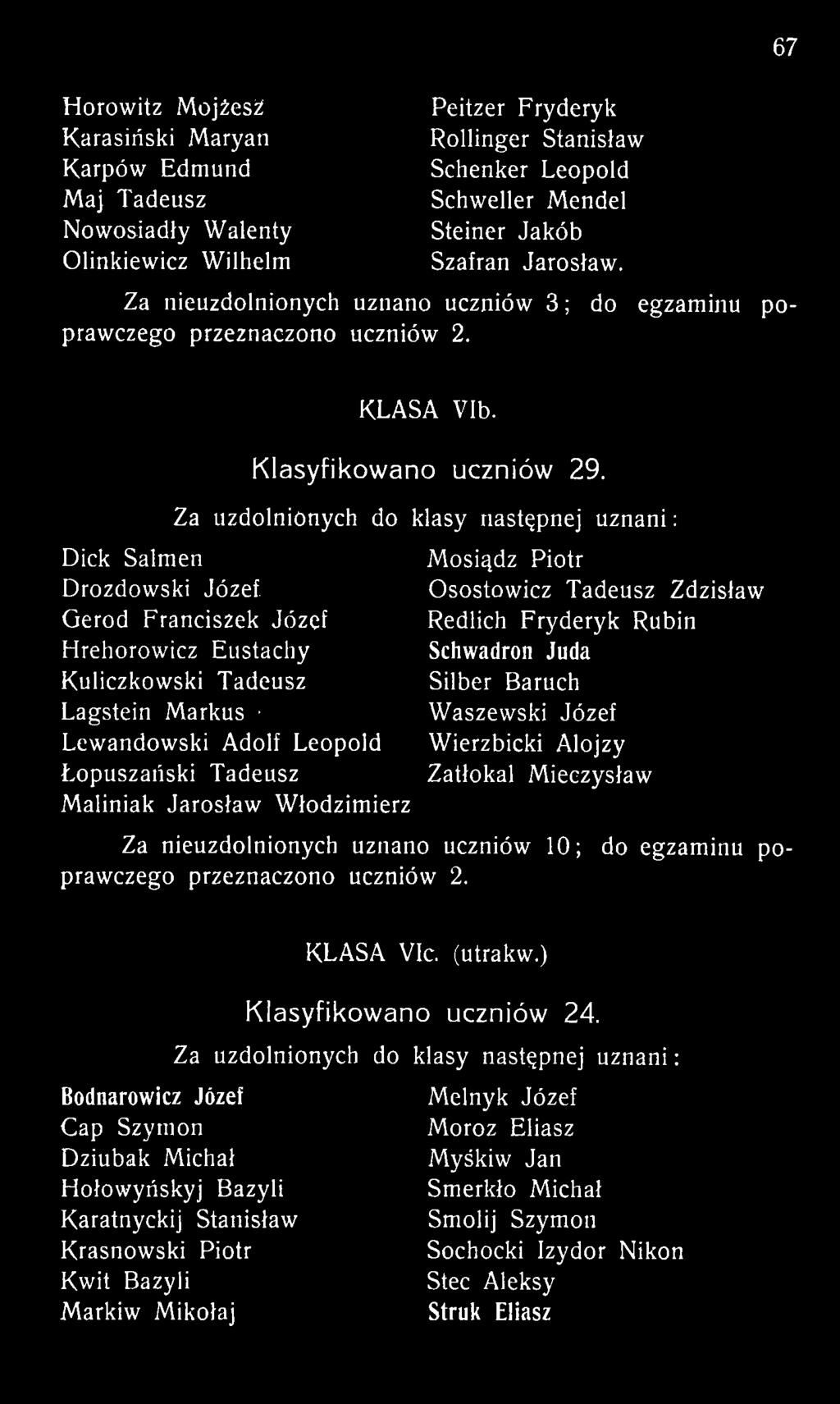 Mieczysław Za nieuzdolnionych uznano uczniów 10; do egzaminu poprawczego przeznaczono uczniów 2. KLASA VIc. (utrakw.) Klasyfikowano uczniów 24.