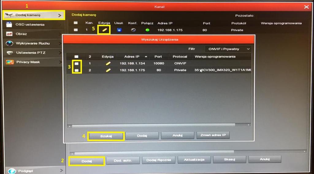 Przed rozpoczęciem dodawania kamer IP, należy przejść do nagrywarki i kolejno wybrać: [Menu główne] -> [Konfiguracja] -> [Sieć] -> [IP/PORT], należy zaznaczyć DHCP, a następnie [Zatwierdź].