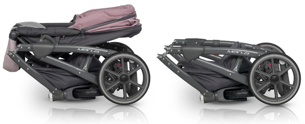 STELAŻ Stelaż posiada innowacyjne składanie, razem z siedziskiem spacerowym i kołami do małych jak na ten typ wózka rozmiarów.