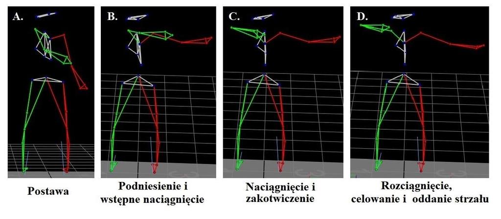 Ocena stabilności posturalnej podczas strzelania z łuku 7 Rys. 2. Kolejne sekwencje ruchu łuczników podczas pomiarów: A. Postawa wyjściowa, B. Podniesienie i wstępne naciągnięcie cięciwy, C.