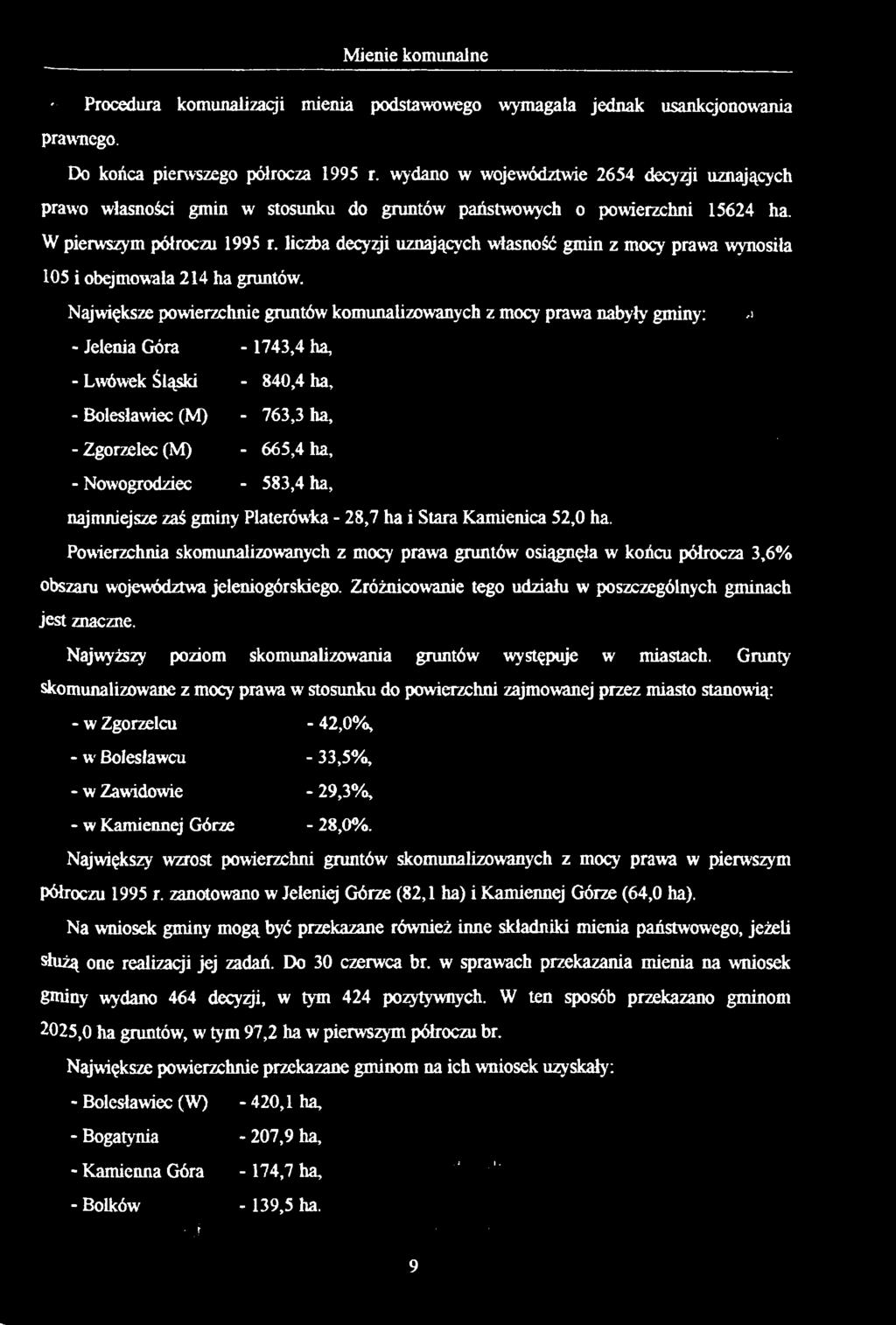 Mienie komunalne Procedura komunalizacji mienia podstawowego wymagała jednak usankcjonowania prawnego. Do końca pierwszego półrocza 1995 r.