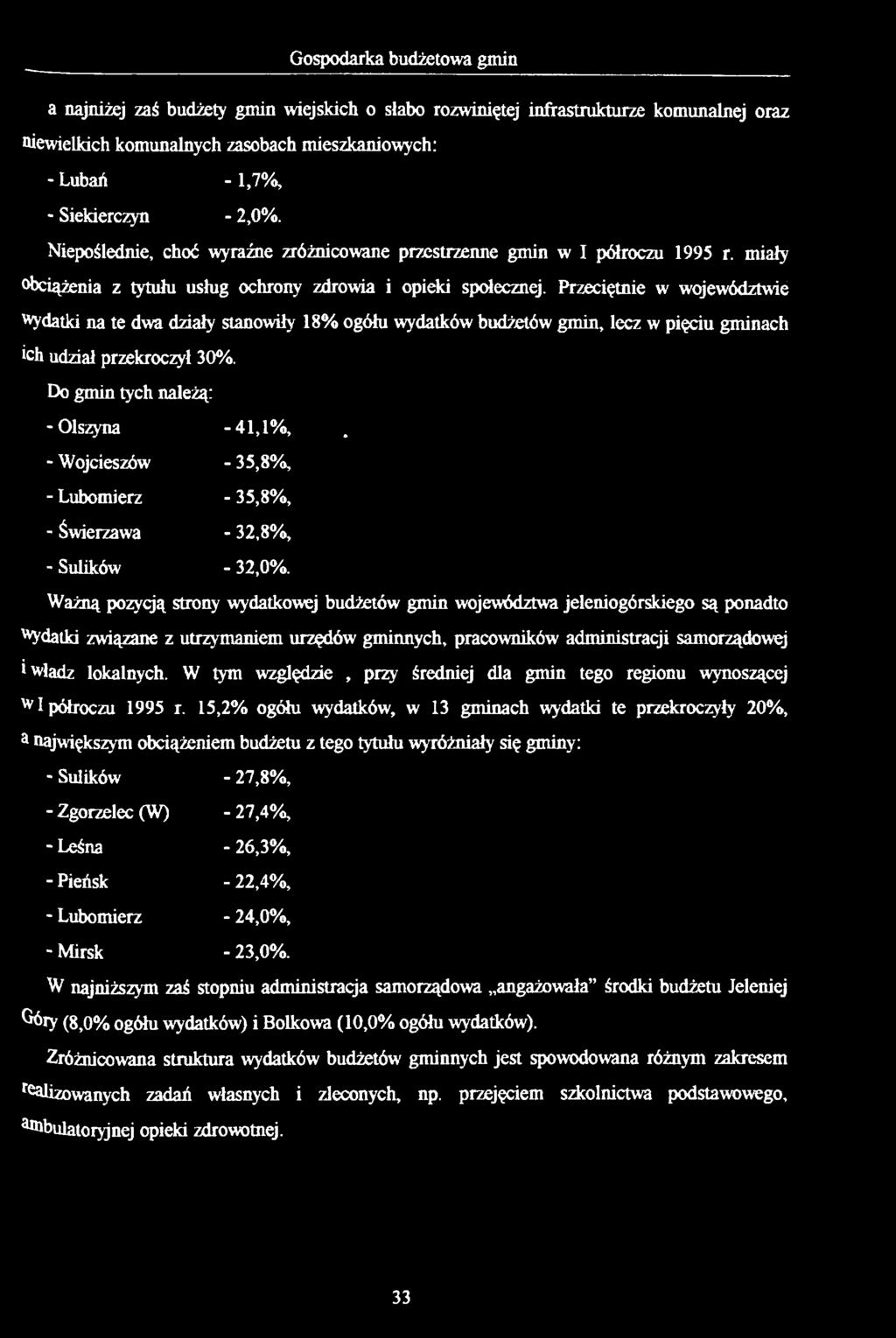 Gospodarka budżetowa gmin a najniżej zaś budżety gmin wiejskich o słabo rozwiniętej infrastrukturze komunalnej oraz niewielkich komunalnych zasobach mieszkaniowych: - Lubań - 1,7%, - Siekierczyn -