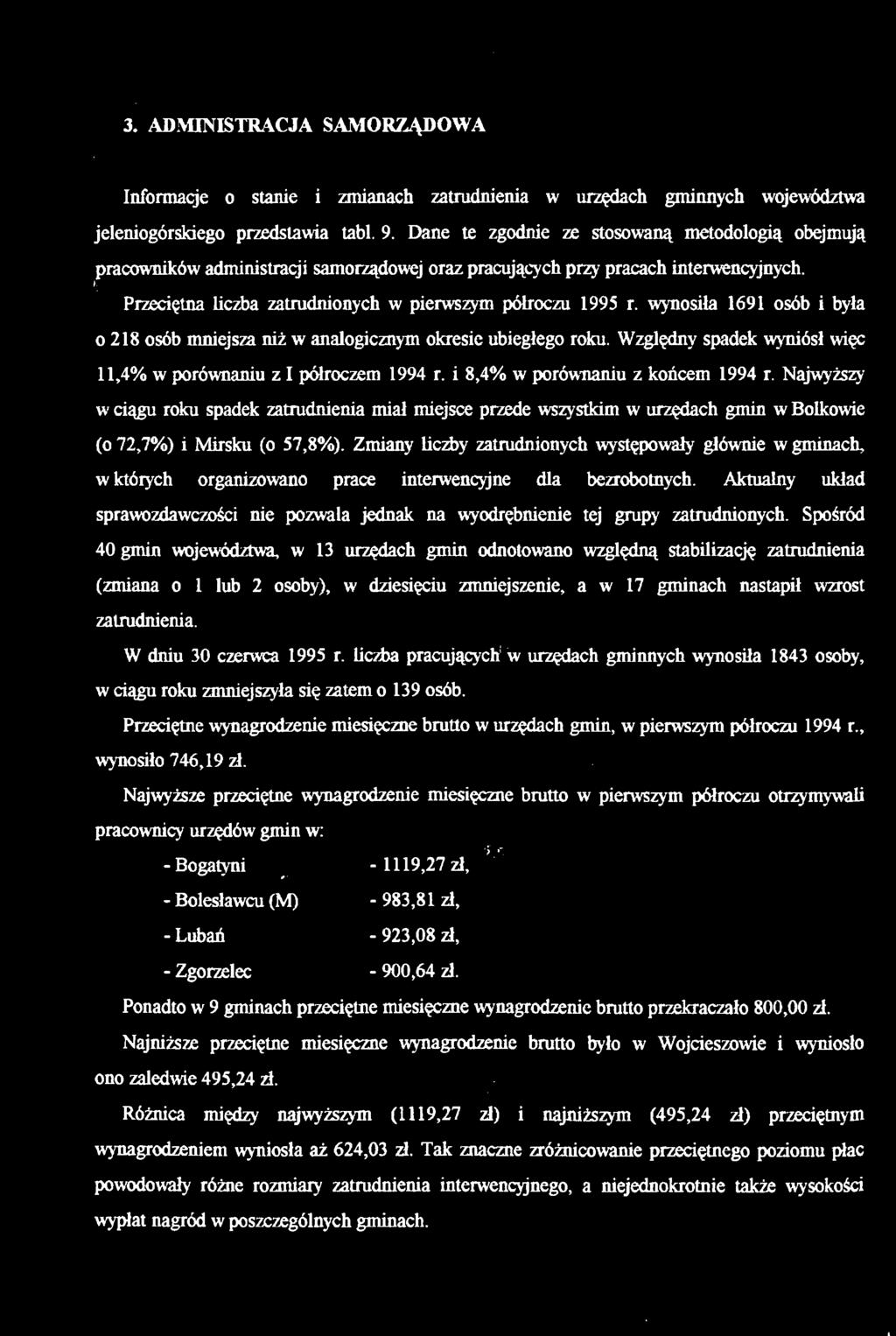 wynosiła 1691 osób i była o 218 osób mniejsza niż w analogicznym okresie ubiegłego roku. Względny spadek wyniósł więc 11,4% w porównaniu z I półroczem 1994 r. i 8,4% w porównaniu z końcem 1994 r.