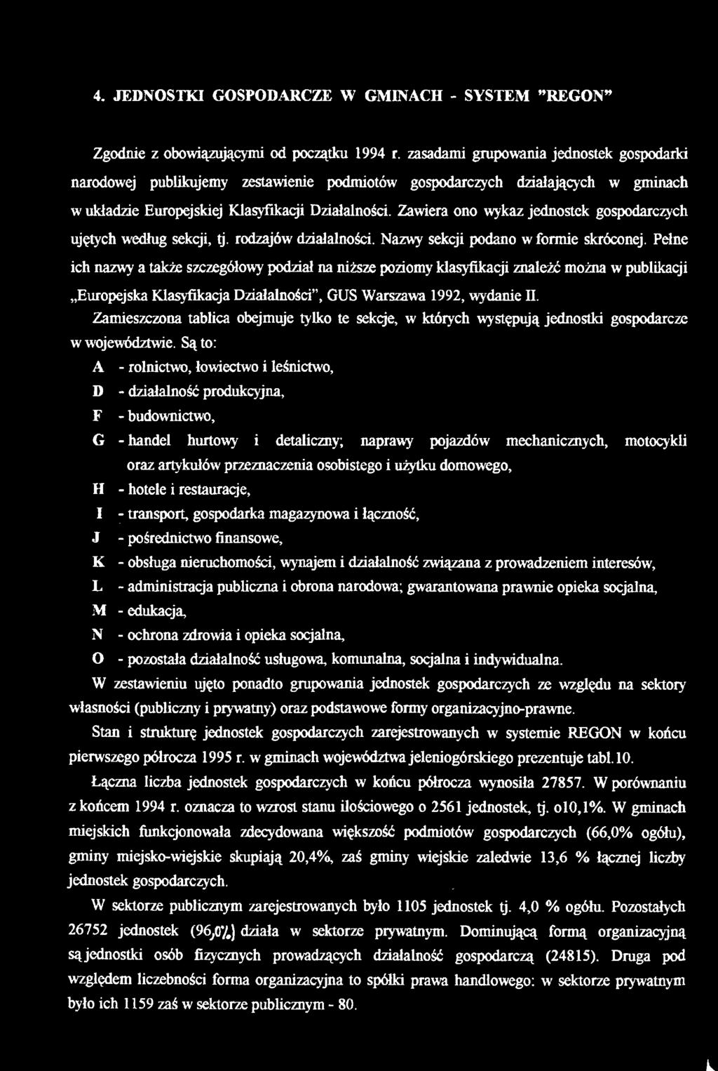 4. JEDNOSTKI GOSPODARCZE W GMINACH - SYSTEM REGON Zgodnie z obowiązującymi od początku 1994 r.