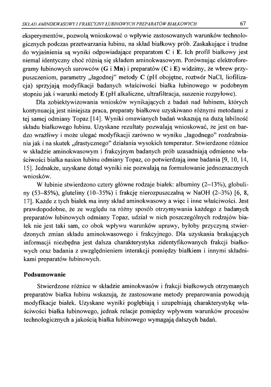 SKŁAD AMINOKWASO WY I FRAKCYJNY Ł UBINO WYCH PREPARA TÓ W BIAŁKOWYCH 67 eksperymentów, pozwolą wnioskować o wpływie zastosowanych warunków technologicznych podczas przetwarzania łubinu, na skład