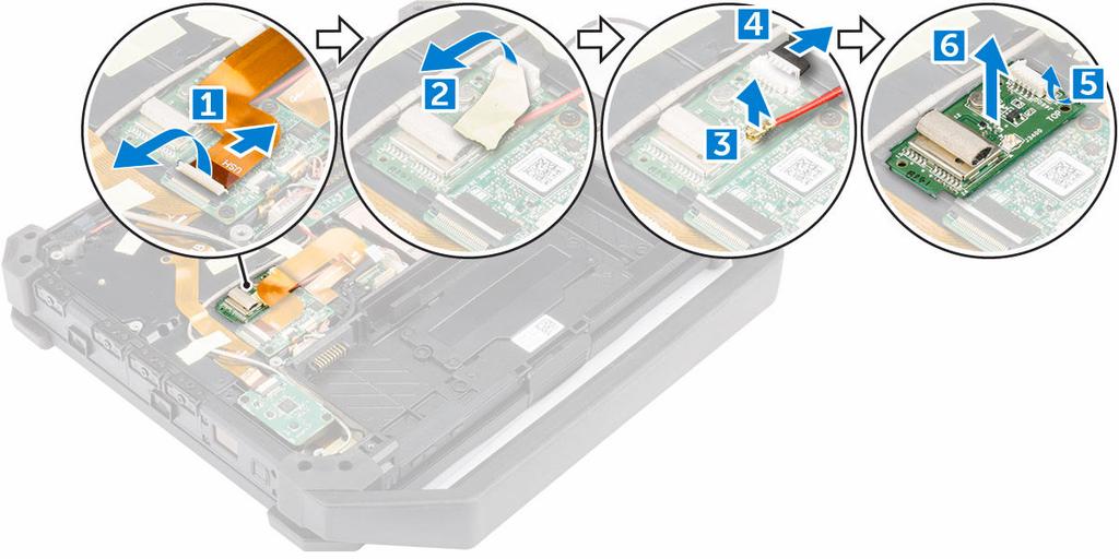 Instalowanie modułu GPS (Global Positioning System) 1. Włóż moduł GPS do gniazda i naciśnij zatrzask, aby go zablokować. 2. Podłącz kabel do złącza w module GPS. 3.