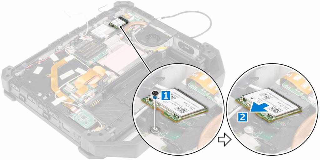 Instalowanie karty sieci WLAN 1. Podłącz kartę sieci WLAN do gniazda. 2. Dokręć śrubę mocującą kartę sieci WLAN. 3. Podłącz kable antenowe do karty sieci WLAN. 4. Zainstaluj następujące elementy: a.