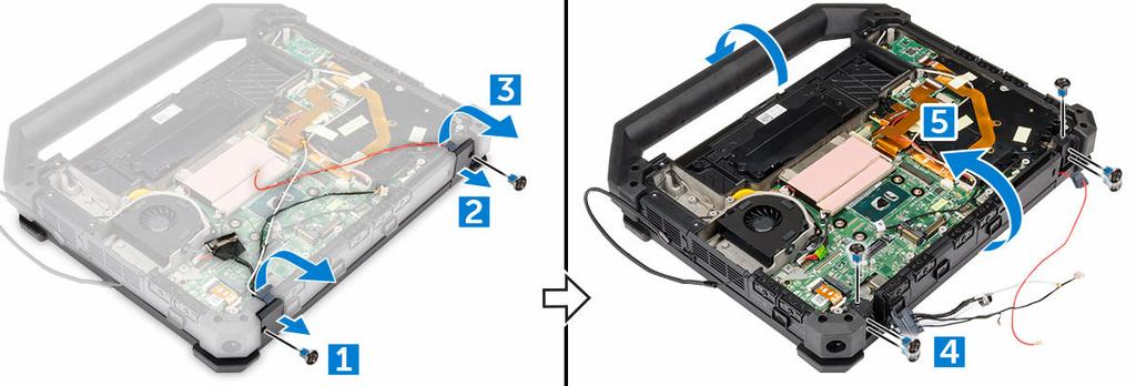 e. Karta sieci WLAN f. karta sieci WWAN g. radiator h. kabel wyświetlacza 3. Aby wymontować zawiasy wyświetlacza: a. Wykręć śruby mocujące pokrywę zawiasową wyświetlacza [1]. b.