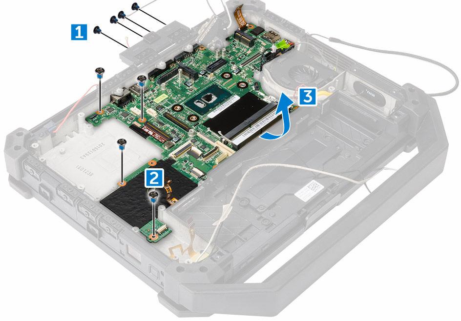 Instalowanie płyty systemowej 1. Umieść płytę systemową i dopasuj do złączy. 2. Dokręć śruby mocujące płytę systemową w obudowie komputera. 3. Wkręć śruby mocujące pokrywę zatrzaskową złącza wideo. 4.