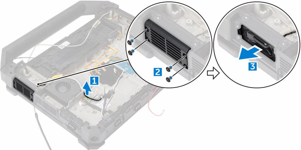 a. akumulator b. pokrywa dolna c. płyta dokowania d. moduł GPS e. płyta USH f. płyta MEMS g. dysk twardy h. kabel akumulatora i. wspornik karty j. gniazdo baterii k. moduł pamięci l.