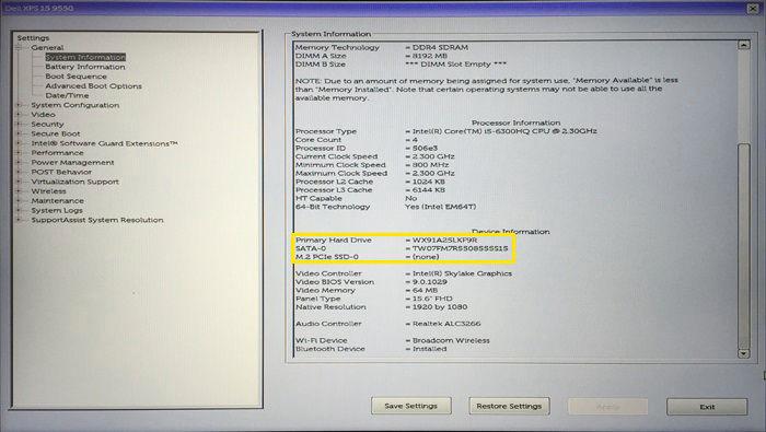 Dysk twardy znajduje się w obszarze Informacje o systemie w grupie Ogólne.