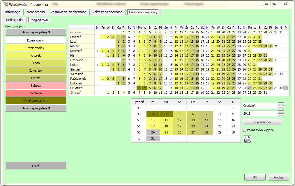 1.1.5.2 Podgląd roku W oknie podglądu roku operator ma możliwość ustawienia określonych wcześniej dni specjalnych dla wybranego pracownika.