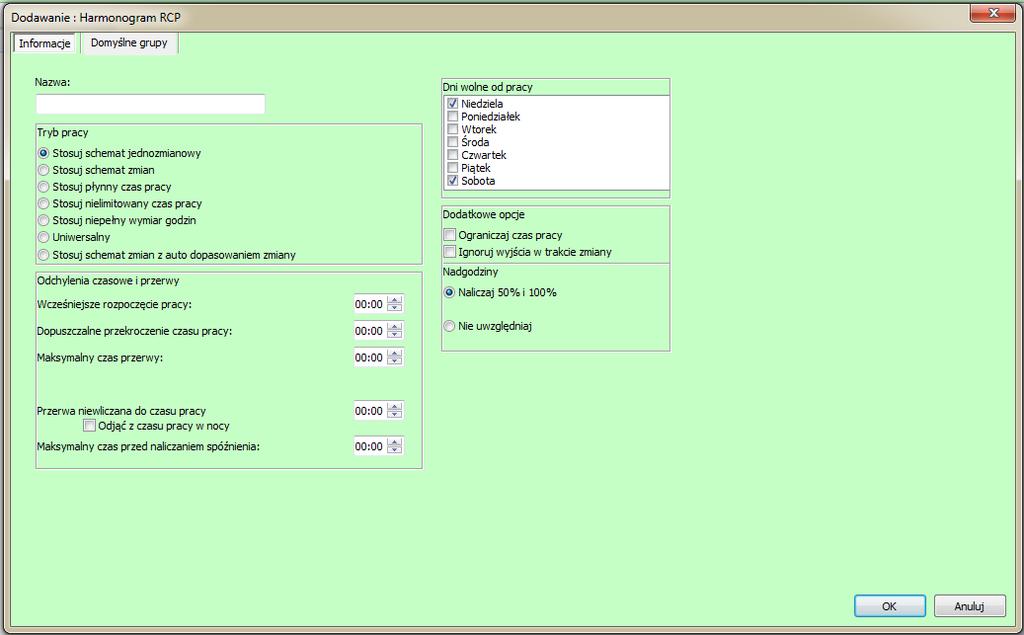 2.1 Dodawanie harmonogramu 2.1.1 Informacje Wybierając opcję Dodaj harmonogram wyświetli się okno służące do utworzenia nowego harmonogramu.