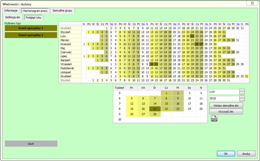 2.2.2.2 Podgląd roku W oknie podglądu roku operator ma możliwość ustawienia określonych wcześniej dni specjalnych dla wybranego pracownika.