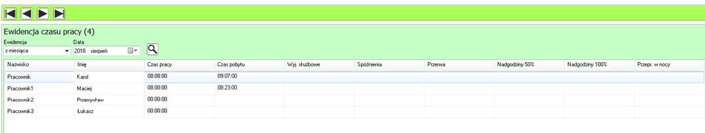 3. Ewidencja W zakładce Ewidencja znajdują się wyniki przeprowadzonych kalkulacji czasu pracy dla wybranych osób.