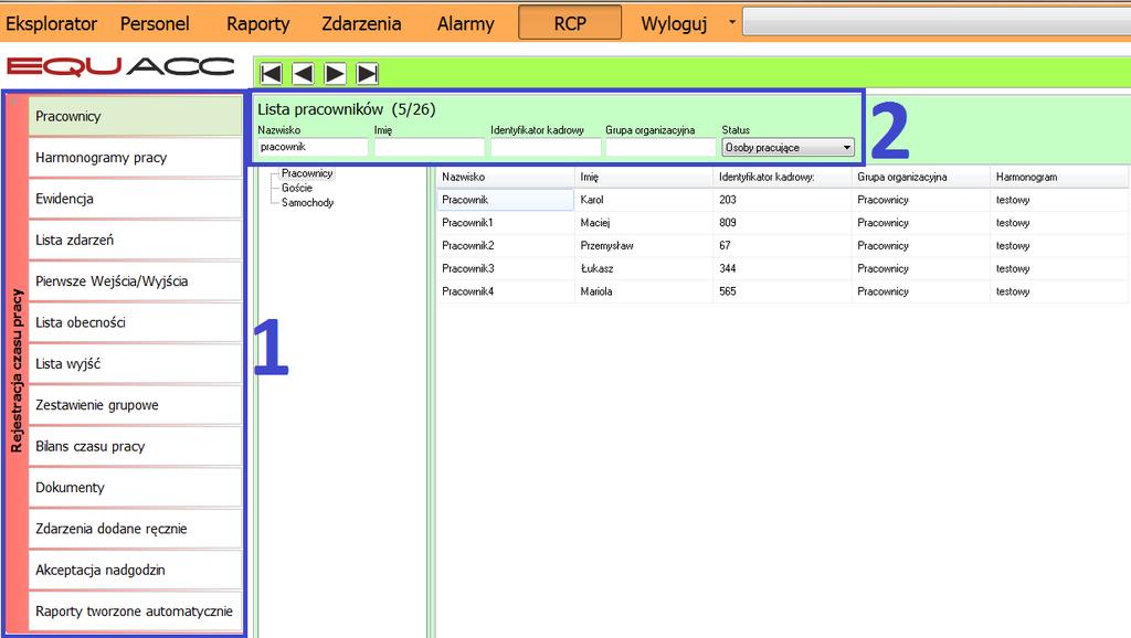 1. Pracownicy Po przejściu do zakładki RCP widoczna jest lista pracowników będących w konfiguracji programu. Aby dodawać lub usuwać pracowników należy przejść do zakładki Personel.