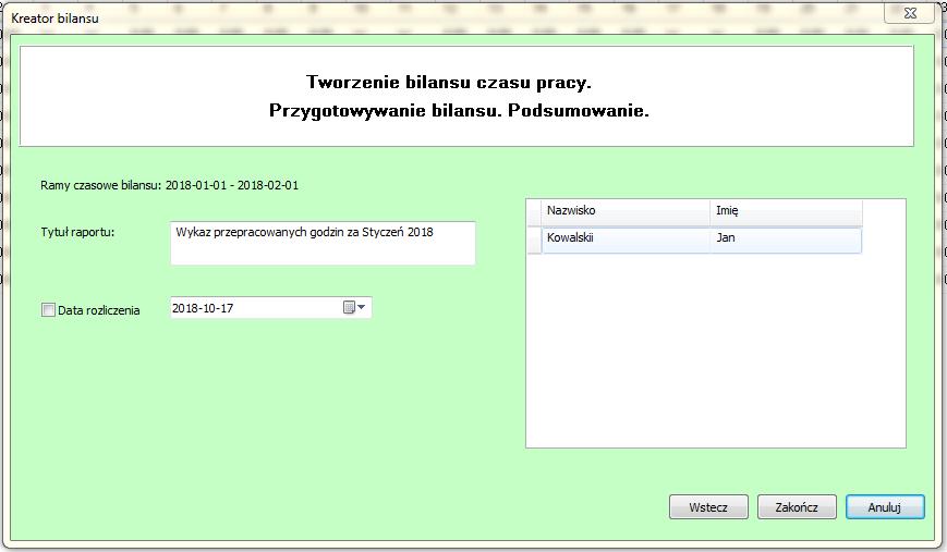 W ostatnim kroku znajduje się podsumowanie z generowanego bilansu czasu pracy.