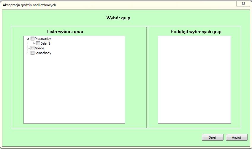 W kolejnym kroku należy wybrać grupy, z których pracownicy będą uwzględnieni w wyszukiwaniu nadgodzin.