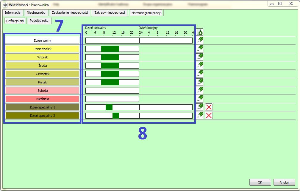 1.1.5 Harmonogram pracy 1.1.5.1 Definicja dni W podglądzie definicji dni można ustawić niestandardowe godziny pracy oraz określić dni specjalne, dla których wybrane godziny mają być zastosowane.