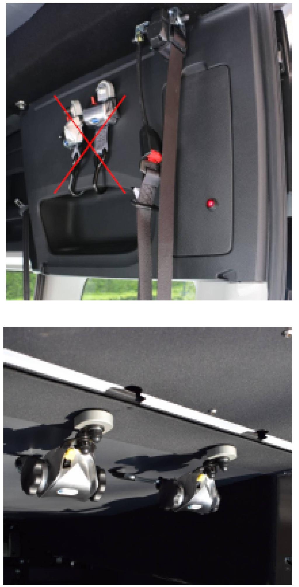 System pasów mocujących wózek System pasów do mocowania wózka składa się z 2 elektrycznie blokowanych pasów z przodu i 2 ręcznie dopinanych pasów z tyłu.