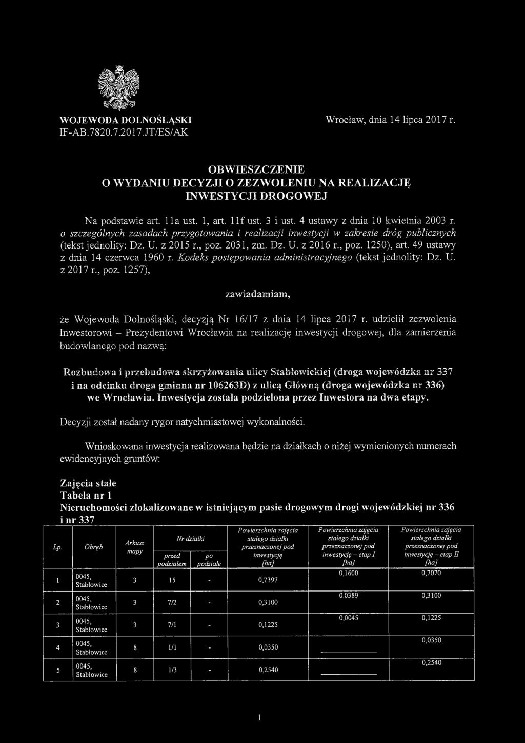 49 ustawy z dnia 4 czerwca 960 r. Kodeks postępowania administracyjnego (tekst jednolity: Dz. U. z 07 r., poz. 57), zawiadamiam, że Wojewoda Dolnośląski, decyzją Nr 6/7 z dnia 4 lipca 07 r.