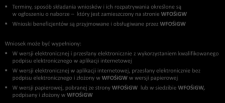 Złożenie wniosku o dofinansowanie Terminy, sposób składania wniosków i ich rozpatrywania określone są w ogłoszeniu o naborze który jest zamieszczony na stronie WFOŚiGW Wnioski beneficjentów są