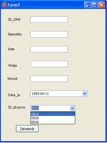 Formatka wyświetlająca formularz dopisywania rekordu do tabeli Zawodnicy powinna zawierać 5 komponentów Edit dla wprowadzania pól tabeli, komponent DateTimePicker dla wprowadzania daty urodzenia i