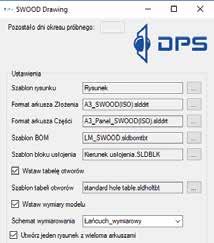Użytkownik może zdefiniować podstawowe szablony rysunku i tabel oraz wybrać, czy mają zostać dodane automatycznie wymiary.
