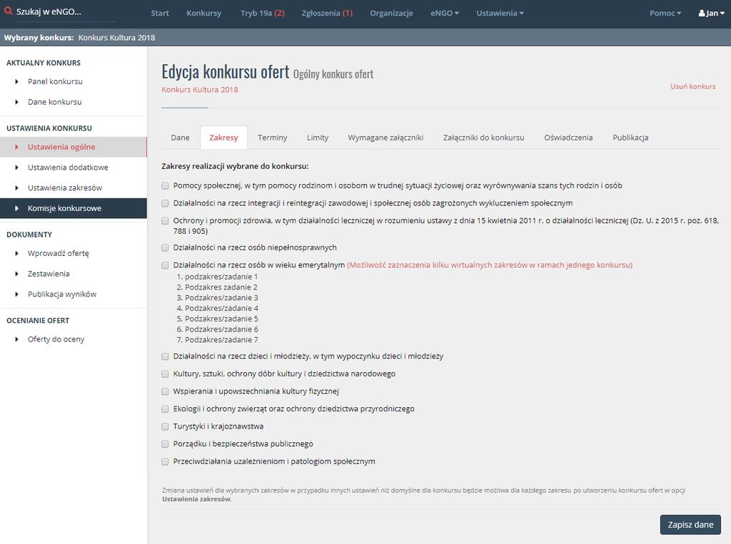 Rysunek 8 Nowy konkurs zakładka Zakresy 4.6.3. Terminy Termin składania ofert od jest to data, od której można będzie składać oferty w danym konkursie.