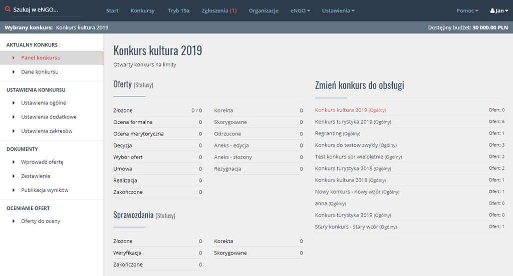 6. Konkurs 6.1. Panel konkursu Bezpośrednio po zalogowaniu, użytkownik zostaje przeniesiony do panelu konkursu, w którym ostatnio pracował.