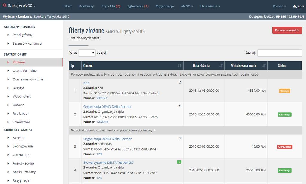 7. Lista ofert Oferty w ramach ogłoszonego konkursu, dostępne są po kliknięciu w wybrany status (np. złożone) w panelu konkursu.
