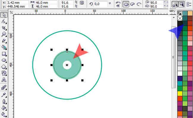 10. Za pomocą narzędzia Wskaźnik (czerwona strzałka) zaznacz białe koło (niebieska strzałka). Następnie z palety Wypełnienia (zielona strzałka) wybierz narzędzie Wypełnienie tonalne (żółta strzałka).