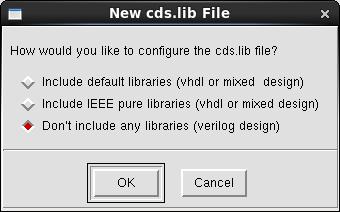 Zostawiamy katalog projektu, tak jak jest. Trzeba powołać plik konfiguracyjny naciskamy Create cds.lib File: Naciskamy Save i otworzy się okno konfiguracji pliku cds.